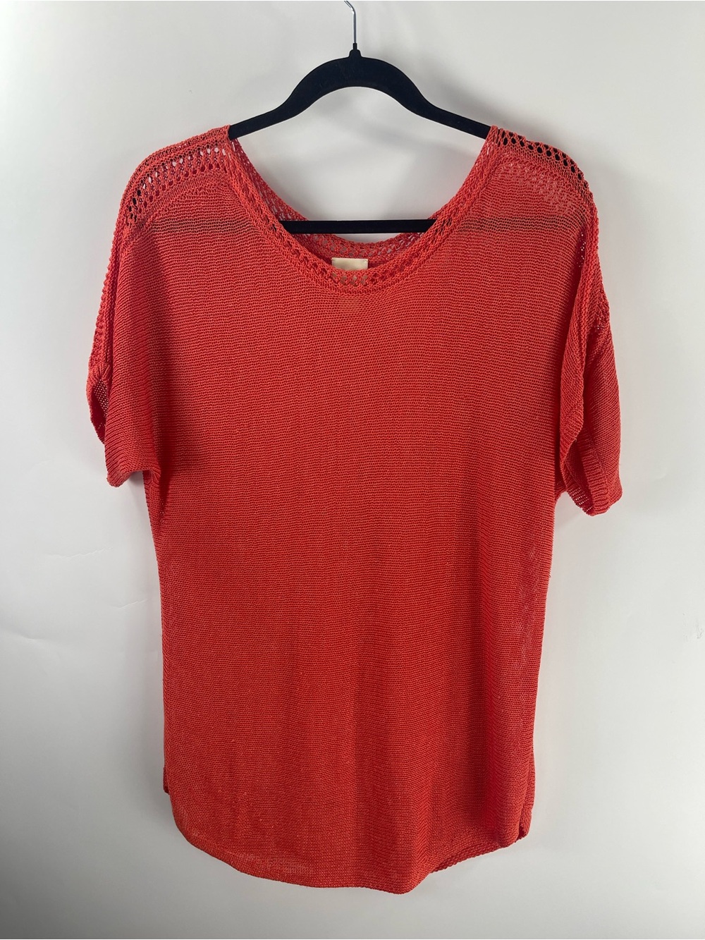 Chico’s Red Orange Linen Blend Open Knit Short Dolman Sleeve Sweater Large